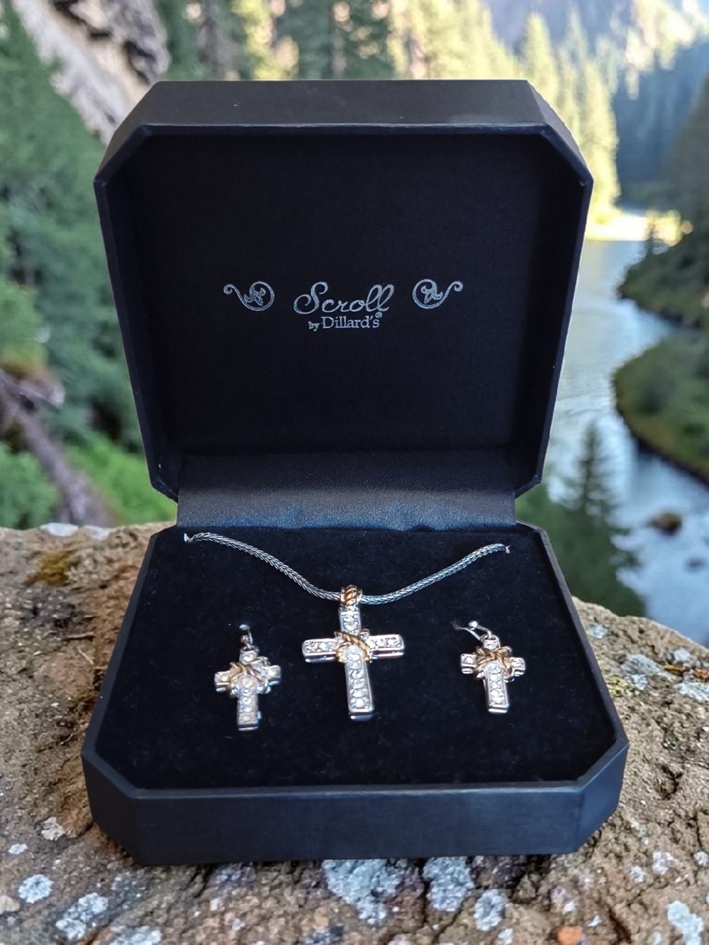Vtg Scroll Silver and Goldtone Cross Necklace & Earrings Set